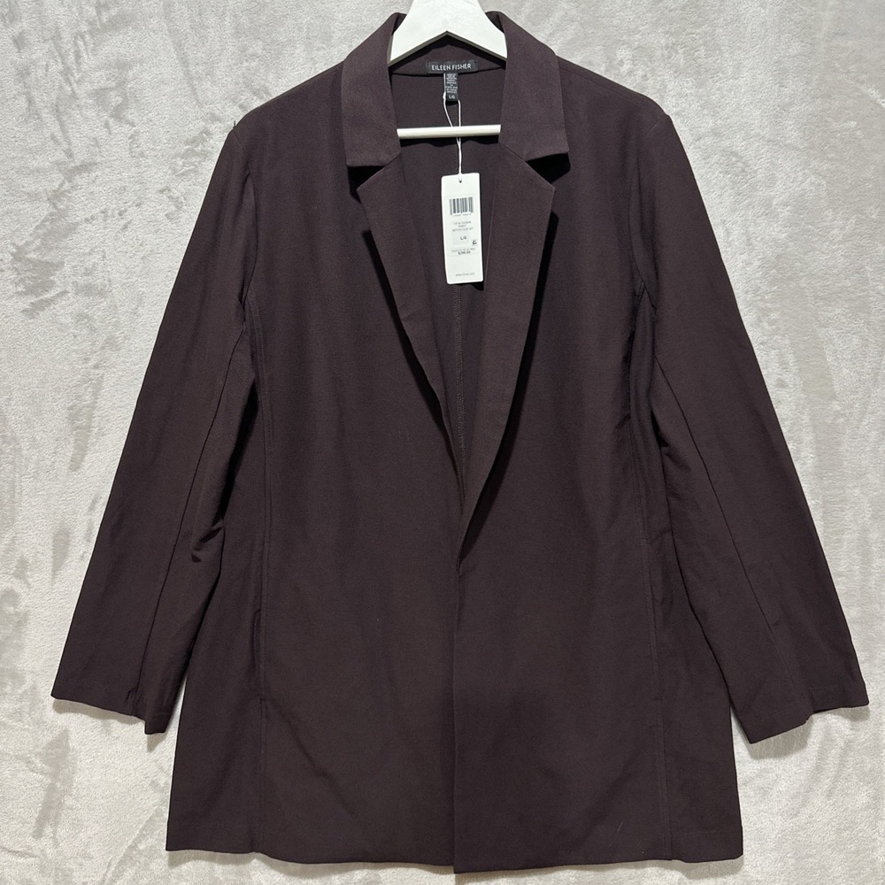 EILEEN FISHER Women's Open Front Notch Collar Jacket Size L Brownstone Crepe NWT